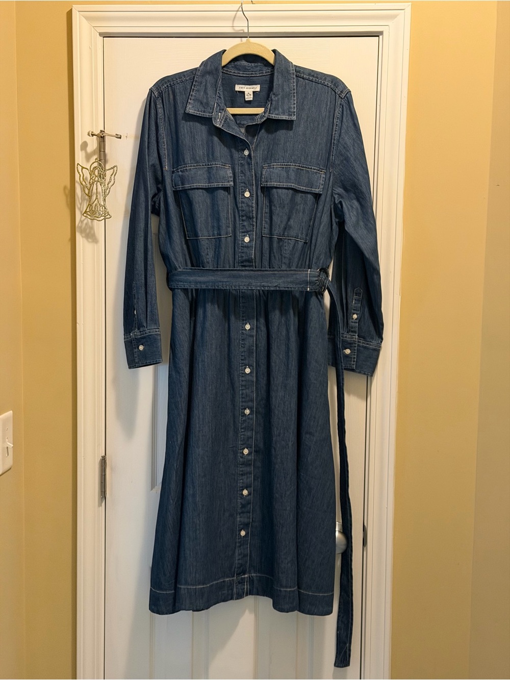 Free Assembly Classic Denim Maxi Shirt Dress with Tie Belt - Blue